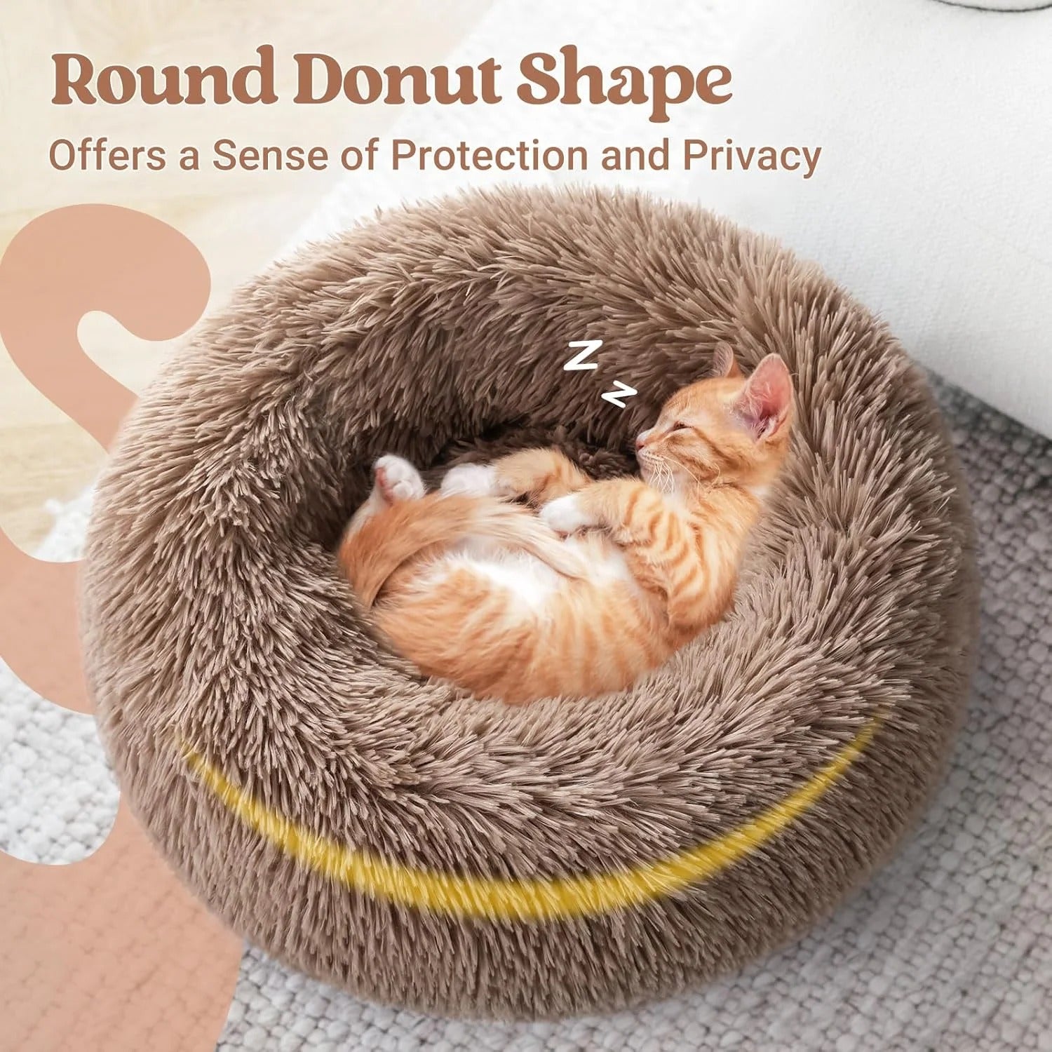 Fluffy Round Donut Cat Bed for Indoor Cats and Small Dogs, Self-Warming Plush Cuddler Cushion with Raised Rim for Comfort and Calming, Non-Slip Cozy Pet Sleeping Bed for Kittens and Small Pets, 20 Inches