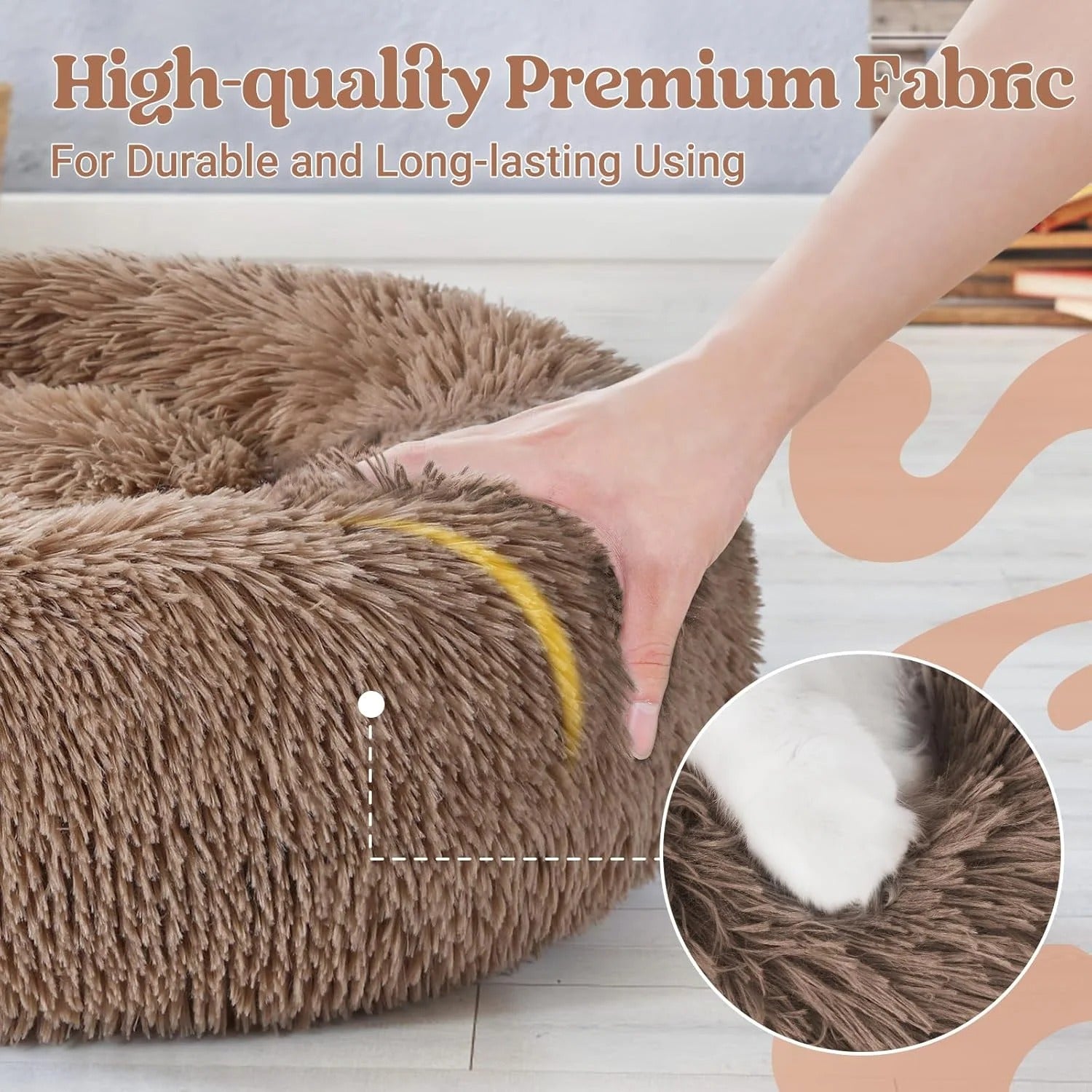 Fluffy Round Donut Cat Bed for Indoor Cats and Small Dogs, Self-Warming Plush Cuddler Cushion with Raised Rim for Comfort and Calming, Non-Slip Cozy Pet Sleeping Bed for Kittens and Small Pets, 20 Inches