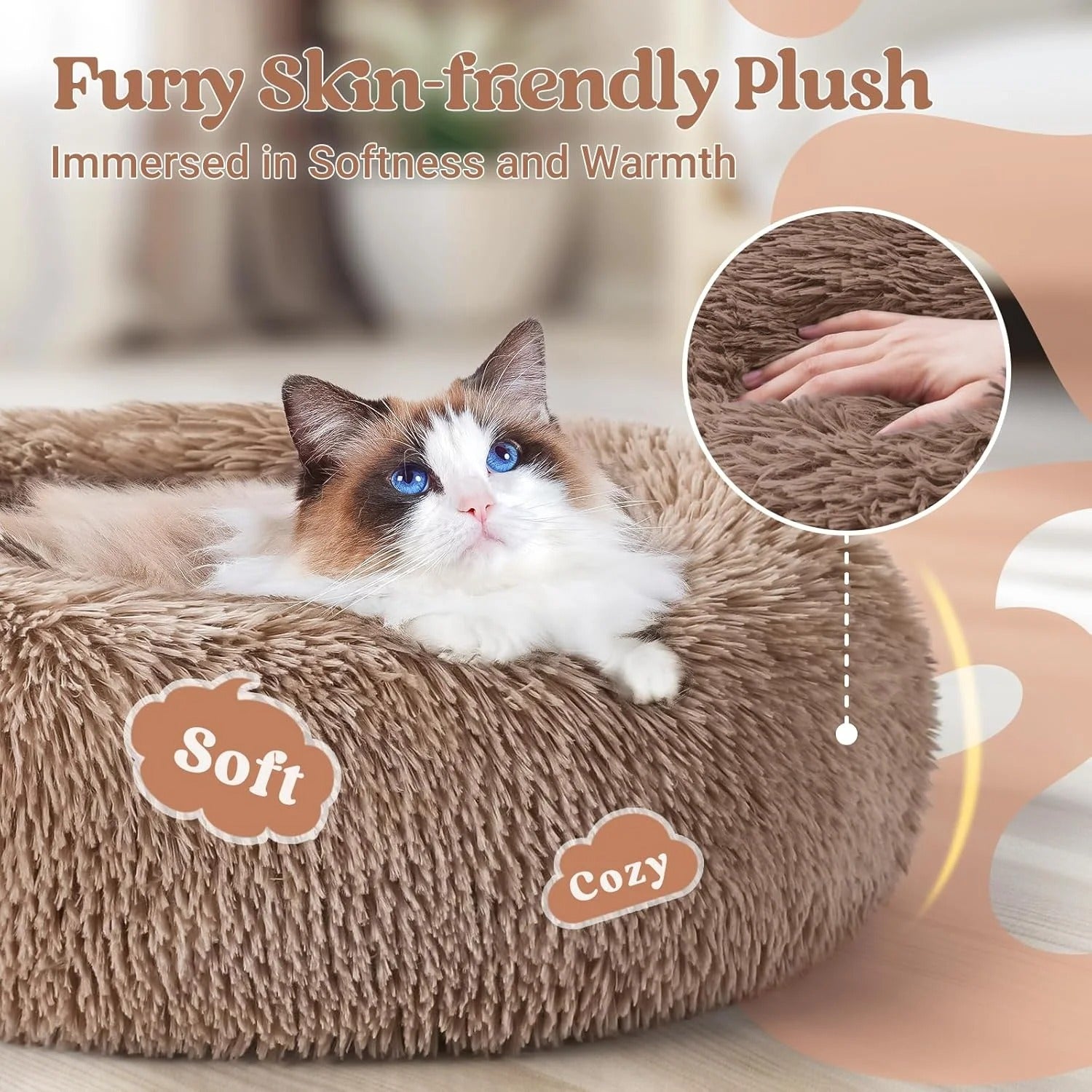 Fluffy Round Donut Cat Bed for Indoor Cats and Small Dogs, Self-Warming Plush Cuddler Cushion with Raised Rim for Comfort and Calming, Non-Slip Cozy Pet Sleeping Bed for Kittens and Small Pets, 20 Inches