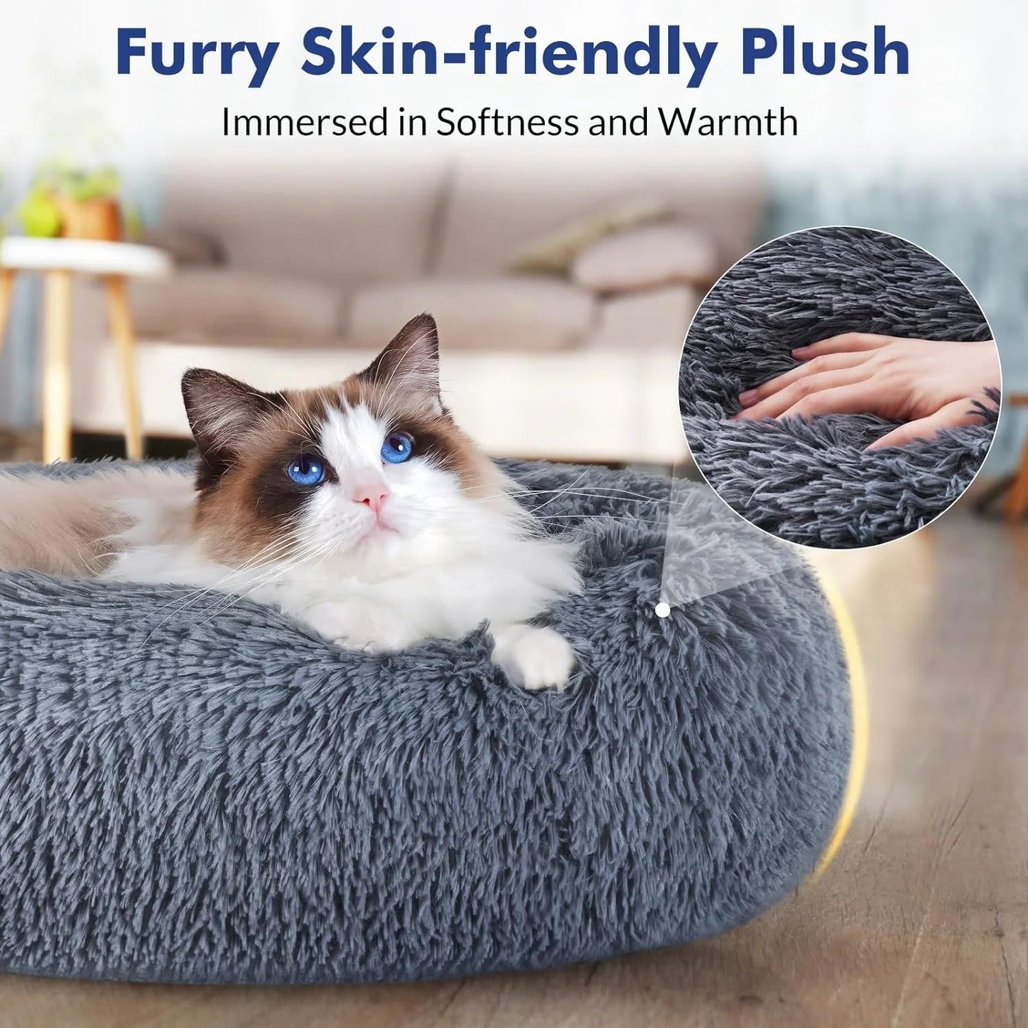 Fluffy Round Donut Cat Bed for Indoor Cats and Small Dogs, Self-Warming Plush Cuddler Cushion with Raised Rim for Comfort and Calming, Non-Slip Cozy Pet Sleeping Bed for Kittens and Small Pets, 20 Inches