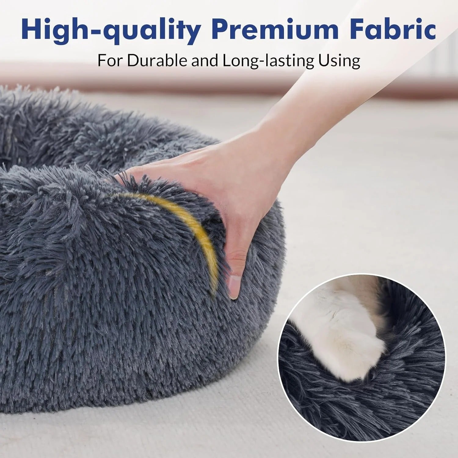 Fluffy Round Donut Cat Bed for Indoor Cats and Small Dogs, Self-Warming Plush Cuddler Cushion with Raised Rim for Comfort and Calming, Non-Slip Cozy Pet Sleeping Bed for Kittens and Small Pets, 20 Inches