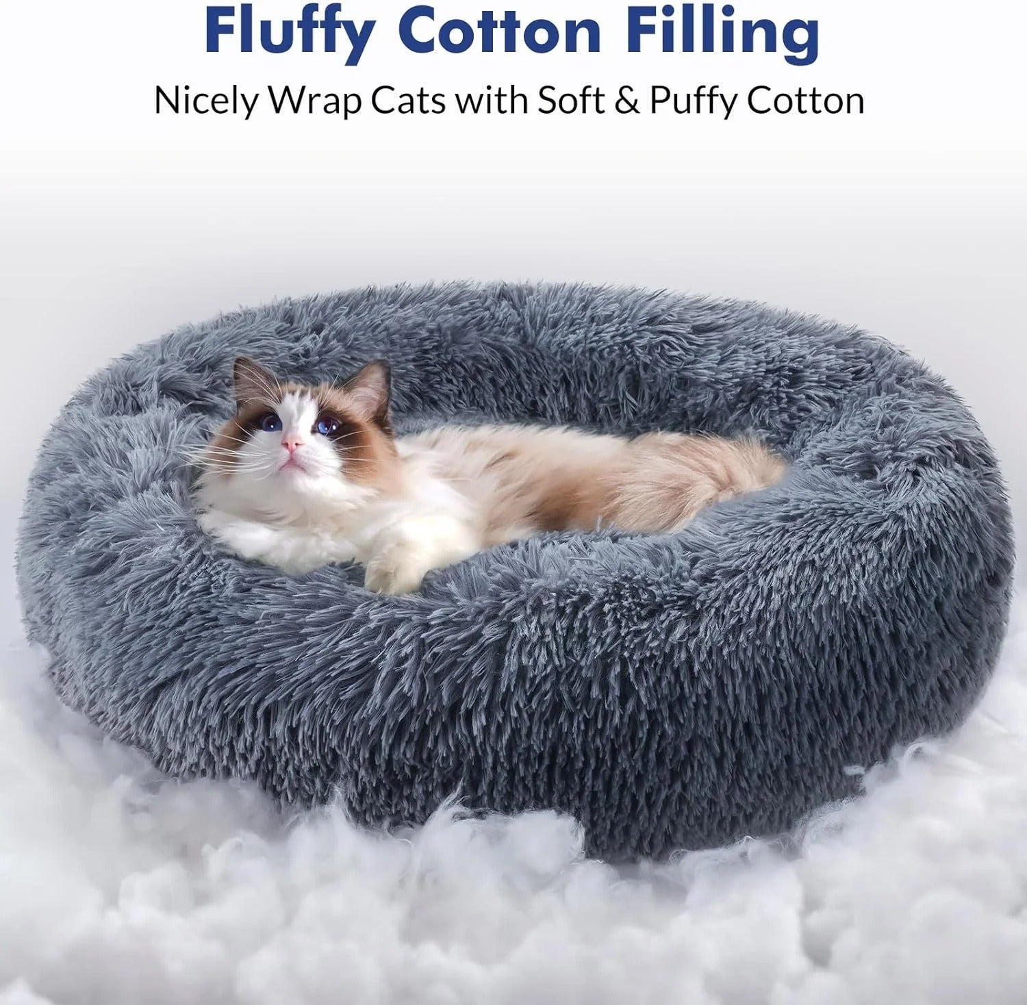 Fluffy Round Donut Cat Bed for Indoor Cats and Small Dogs, Self-Warming Plush Cuddler Cushion with Raised Rim for Comfort and Calming, Non-Slip Cozy Pet Sleeping Bed for Kittens and Small Pets, 20 Inches