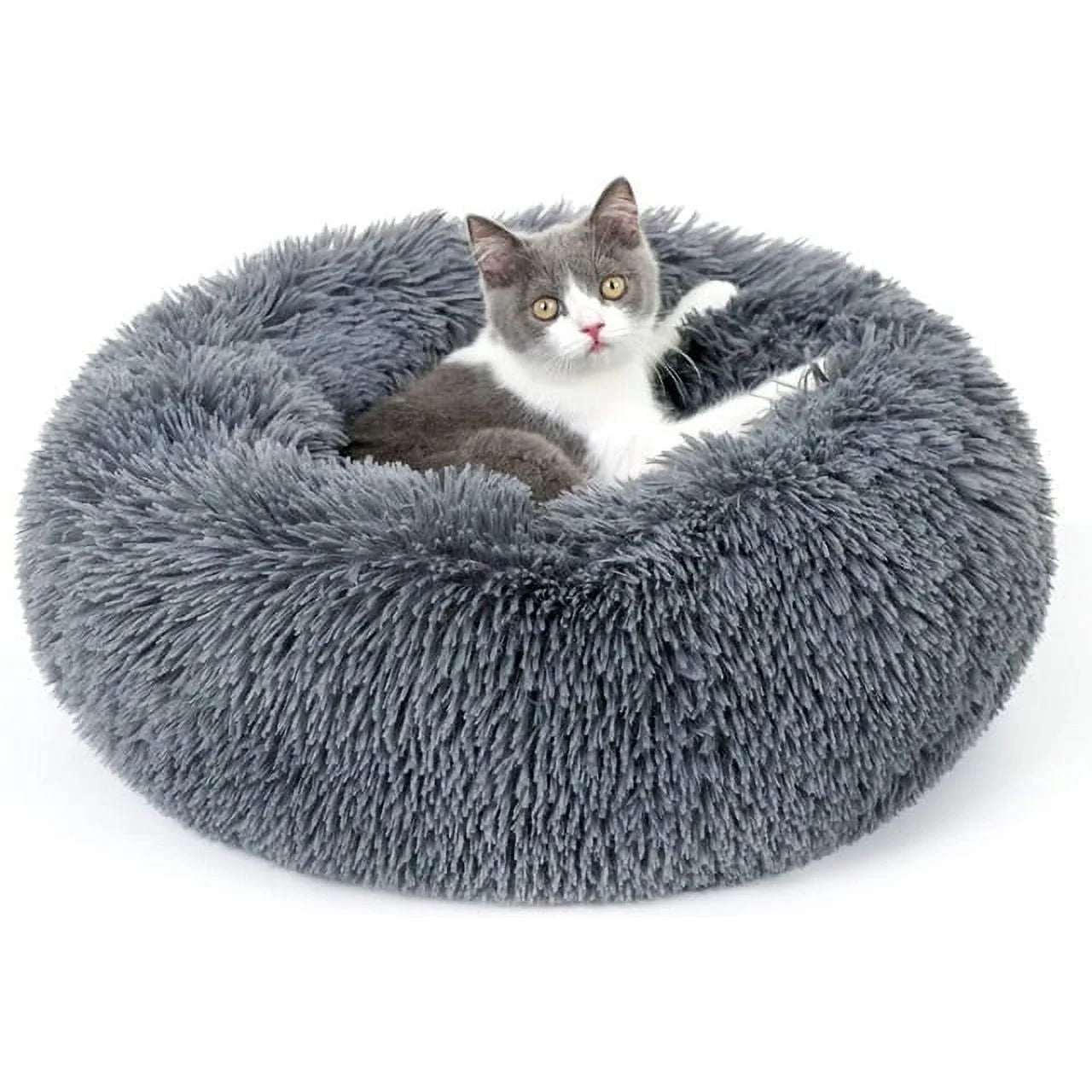 Fluffy Round Donut Cat Bed for Indoor Cats and Small Dogs, Self-Warming Plush Cuddler Cushion with Raised Rim for Comfort and Calming, Non-Slip Cozy Pet Sleeping Bed for Kittens and Small Pets, 20 Inches