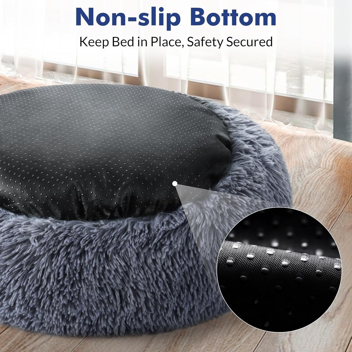 Fluffy Round Donut Cat Bed for Indoor Cats and Small Dogs, Self-Warming Plush Cuddler Cushion with Raised Rim for Comfort and Calming, Non-Slip Cozy Pet Sleeping Bed for Kittens and Small Pets, 20 Inches