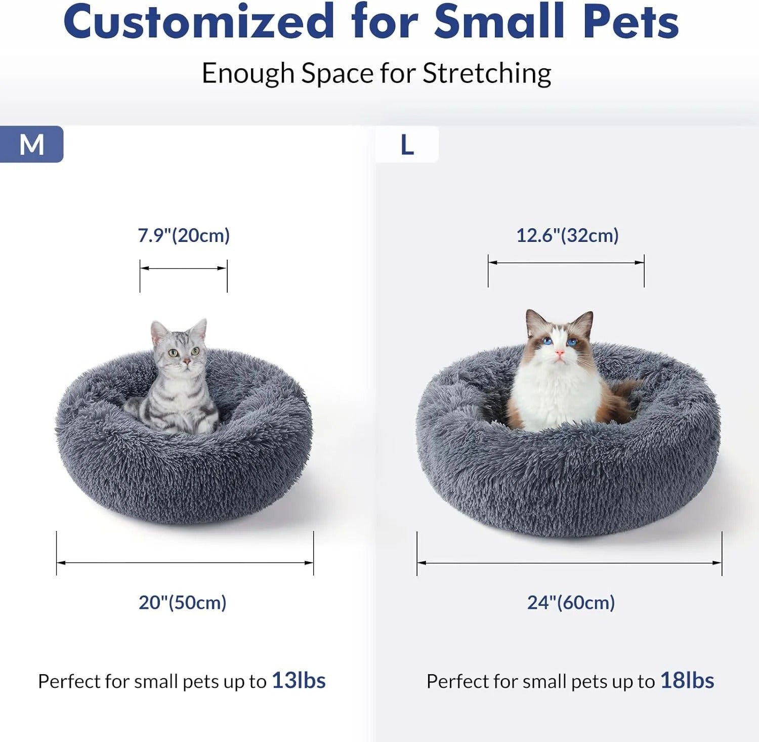 Fluffy Round Donut Cat Bed for Indoor Cats and Small Dogs, Self-Warming Plush Cuddler Cushion with Raised Rim for Comfort and Calming, Non-Slip Cozy Pet Sleeping Bed for Kittens and Small Pets, 20 Inches