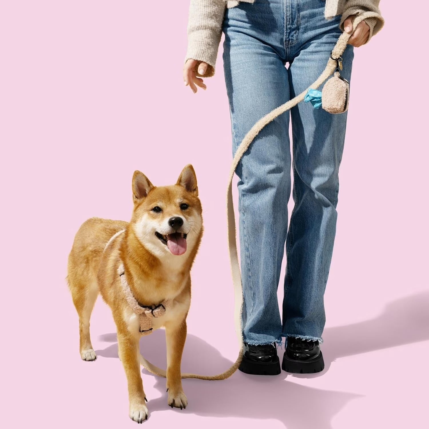 Adjustable Small Dog Bouclé H Harness and Leash Set with Poop Bag Pouch, Durable Camel Nylon for Walking, Training, Outdoor Adventures and Everyday Strolls