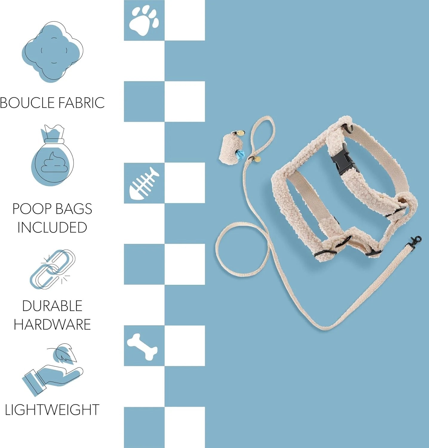 Adjustable Small Dog Bouclé H Harness and Leash Set with Poop Bag Pouch, Durable Camel Nylon for Walking, Training, Outdoor Adventures and Everyday Strolls