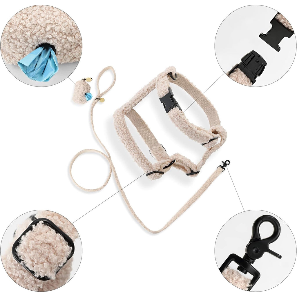 Adjustable Small Dog Bouclé H Harness and Leash Set with Poop Bag Pouch, Durable Camel Nylon for Walking, Training, Outdoor Adventures and Everyday Strolls