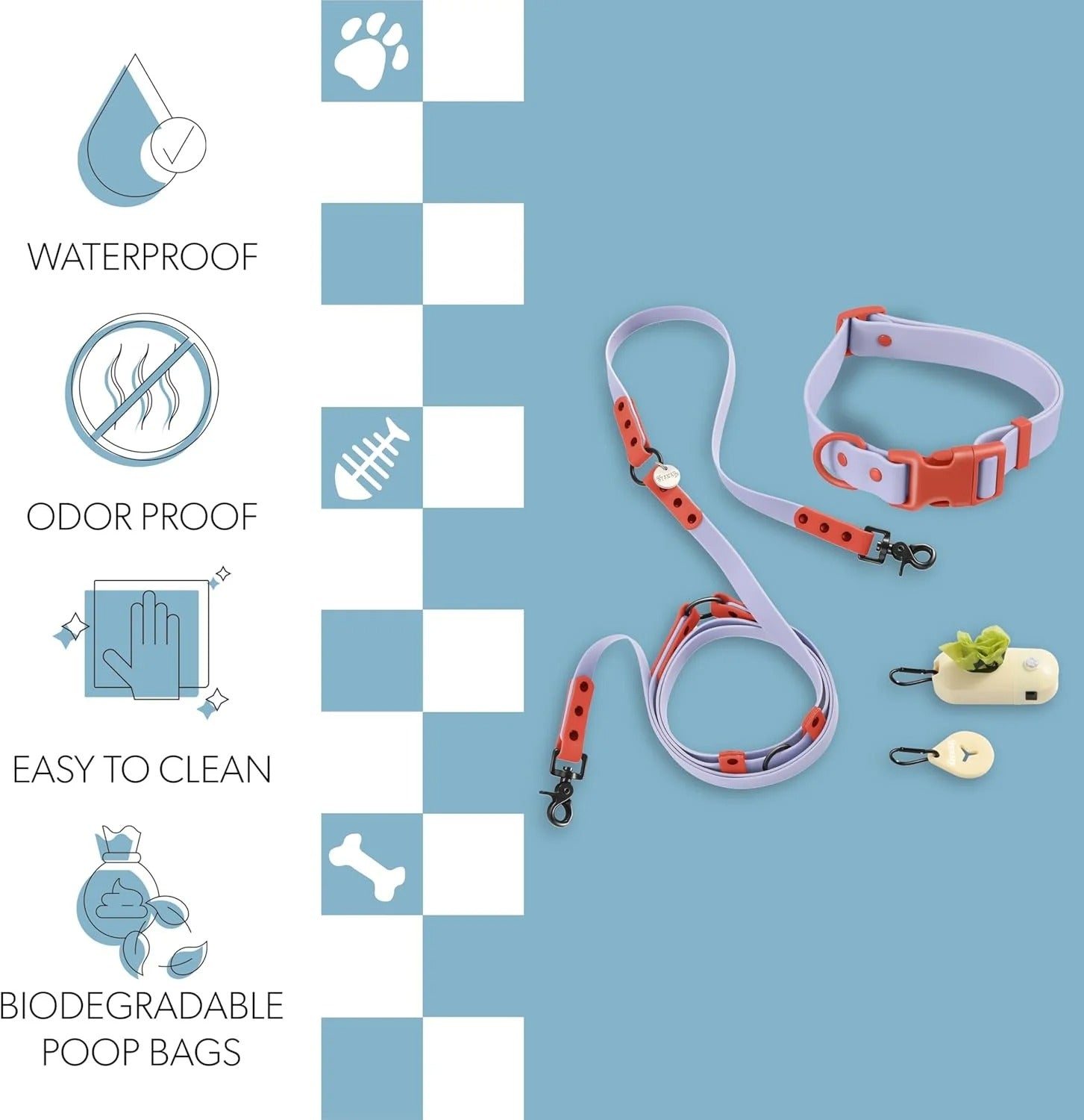Adjustable Large Dog Hands-Free 6-in-1 Waterproof Leash and Collar Set with LED Flashlight, Poop Bag Holder, Bag Dispenser, Multi-Function Walking Gear for Small to Large Dogs, 8FT Periwinkle and Red