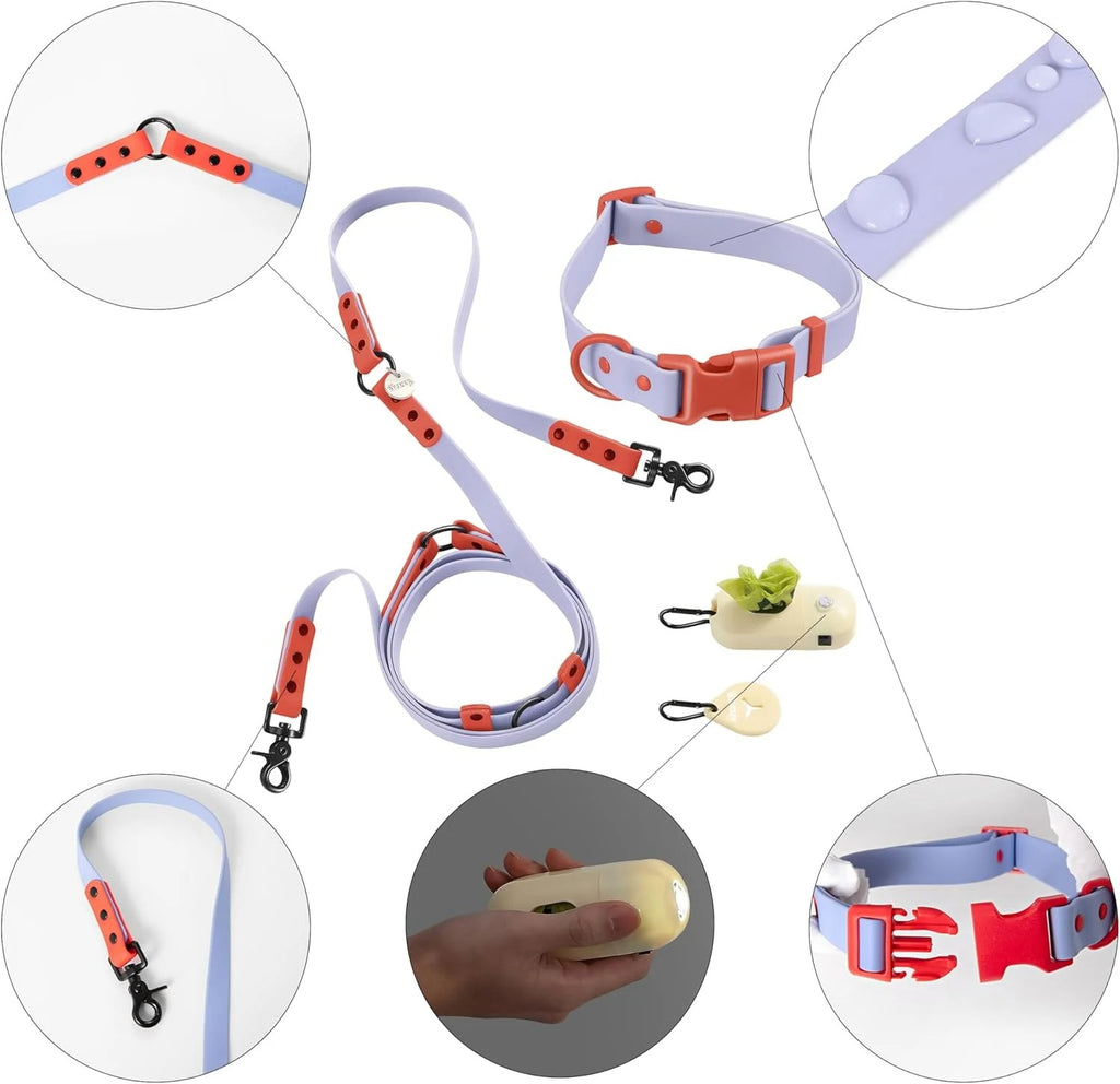 Adjustable Large Dog Hands-Free 6-in-1 Waterproof Leash and Collar Set with LED Flashlight, Poop Bag Holder, Bag Dispenser, Multi-Function Walking Gear for Small to Large Dogs, 8FT Periwinkle and Red
